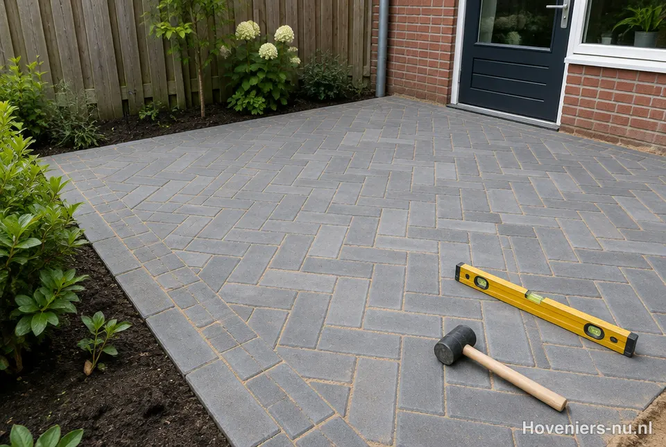 Nieuw gelegd terras van betonklinkers in een tuin